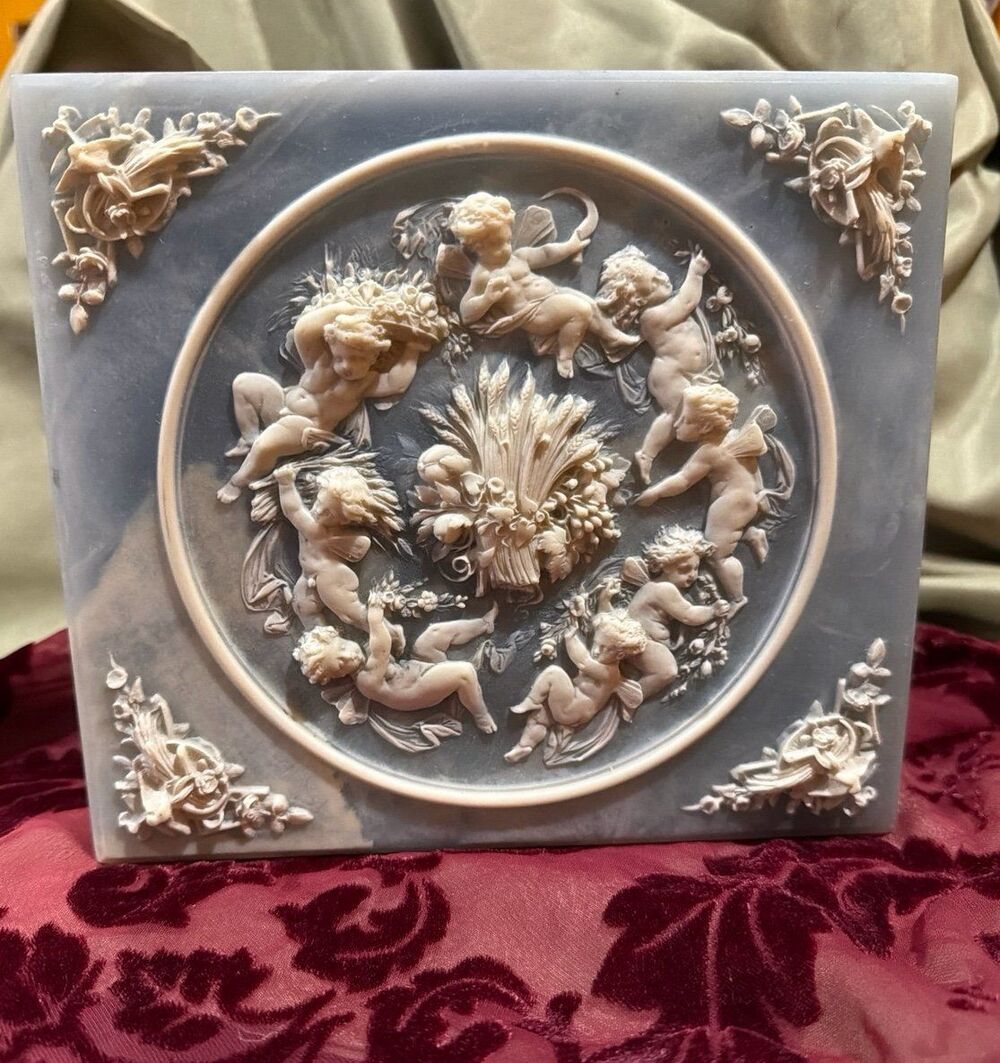 Cherub Angel Vintage Incolay Stone Compartment Box